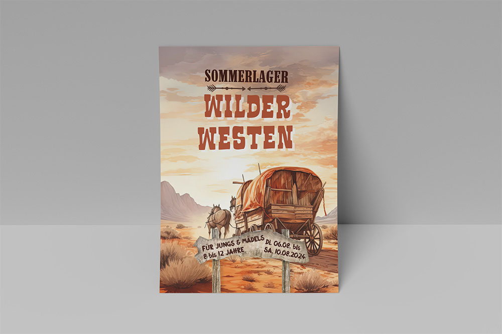Din A5 Flyer für das Sommerlager 2024 im Wild-West-Style. Zwei Pferde ziehen einen Planwagen durch die Wüste.